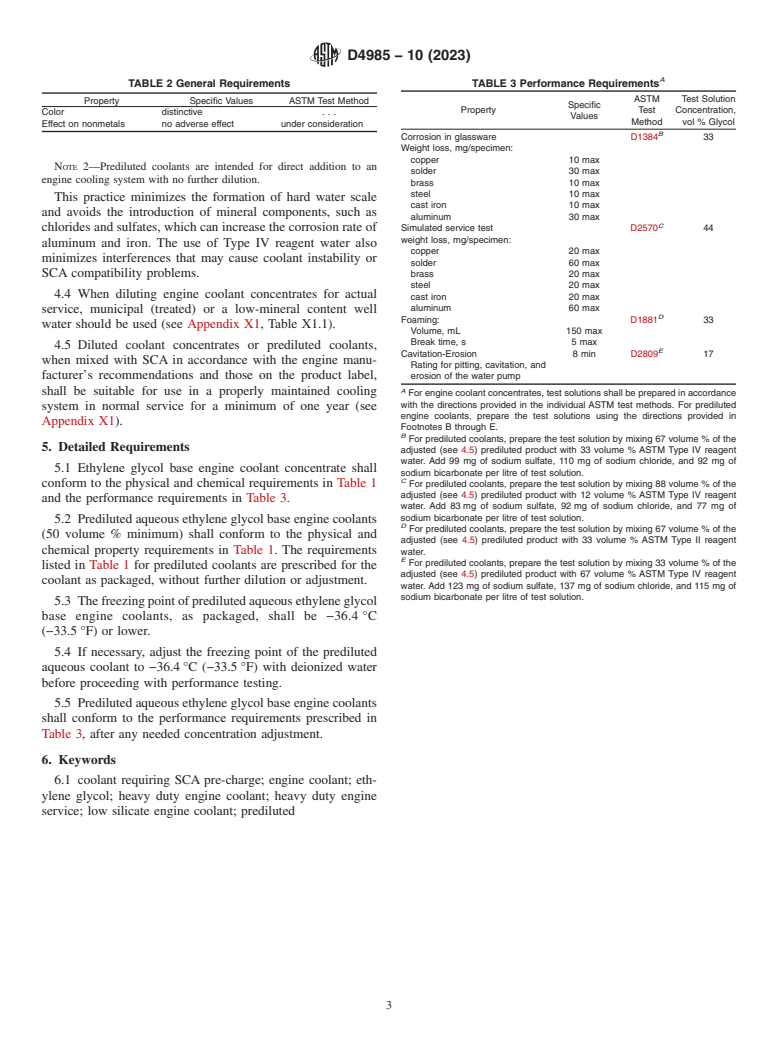 ASTM D4985-10(2023) - Standard Specification for Low Silicate Ethylene Glycol Base Engine Coolant for Heavy  Duty Engines Requiring a Pre-Charge of Supplemental Coolant Additive  (SCA)