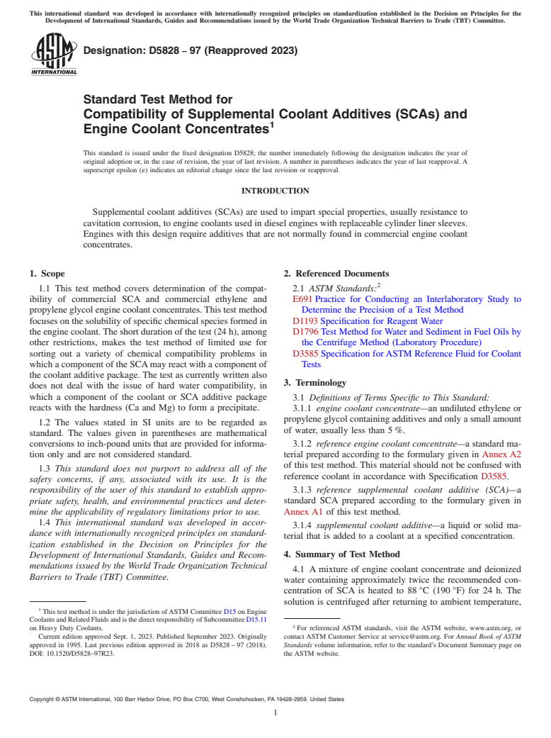 ASTM D5828-97(2023) - Standard Test Method for Compatibility of Supplemental Coolant Additives (SCAs) and  Engine Coolant Concentrates