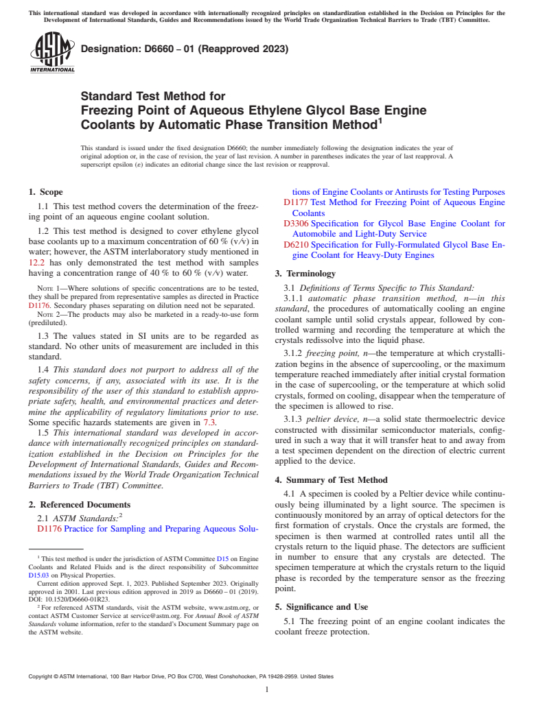 ASTM D6660-01(2023) - Standard Test Method for Freezing Point of Aqueous Ethylene Glycol Base Engine Coolants  by Automatic Phase Transition Method