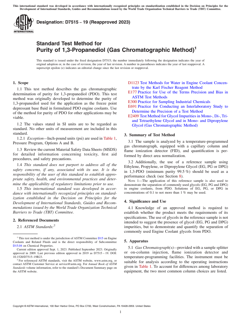 ASTM D7515-19(2023) - Standard Test Method for Purity of 1,3-Propanediol (Gas Chromatographic Method)