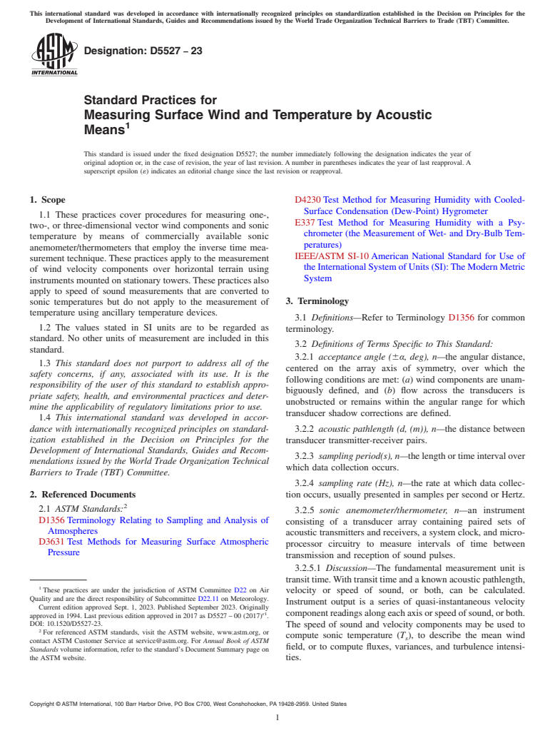 ASTM D5527-23 - Standard Practices for  Measuring Surface Wind and Temperature by Acoustic Means