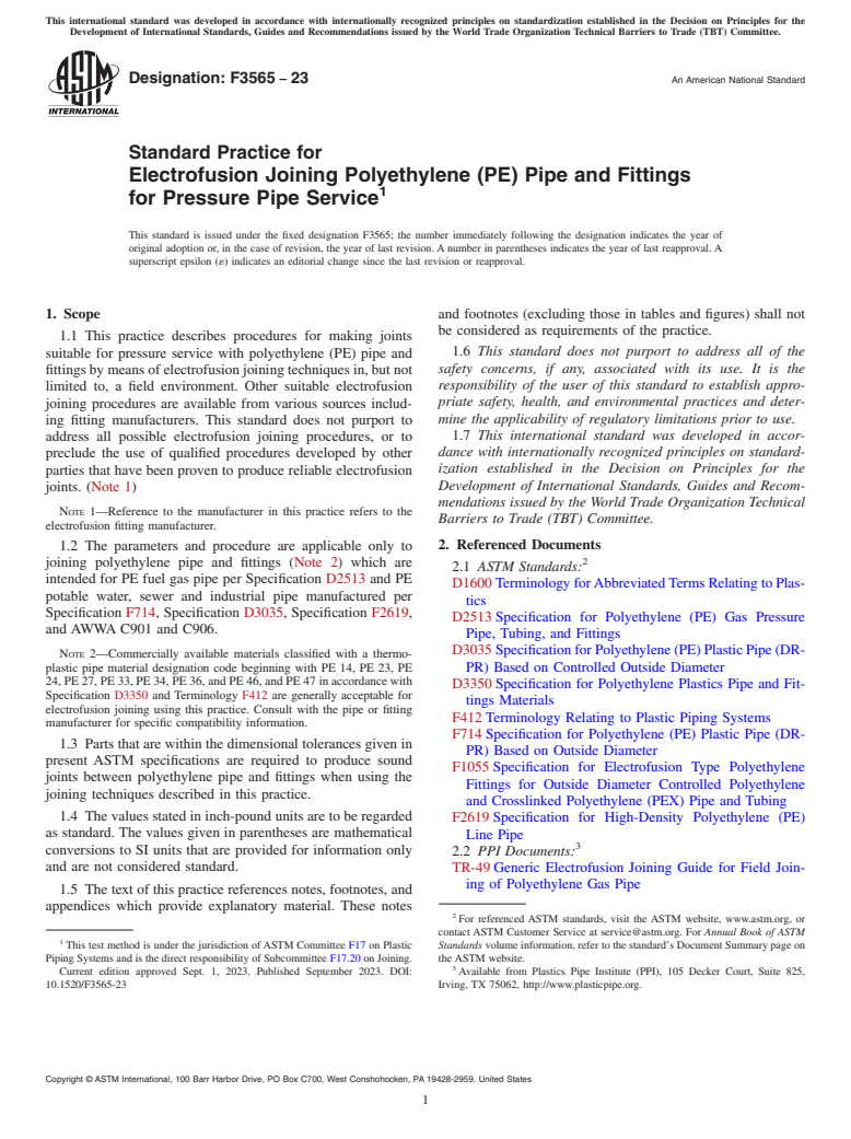 ASTM F3565-23 - Standard Practice for Electrofusion Joining Polyethylene (PE) Pipe and Fittings for  Pressure Pipe Service