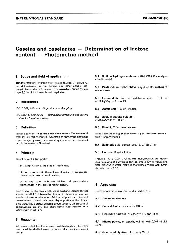 ISO 5548:1980 - Caseins and caseinates -- Determination of lactose content -- Photometric method