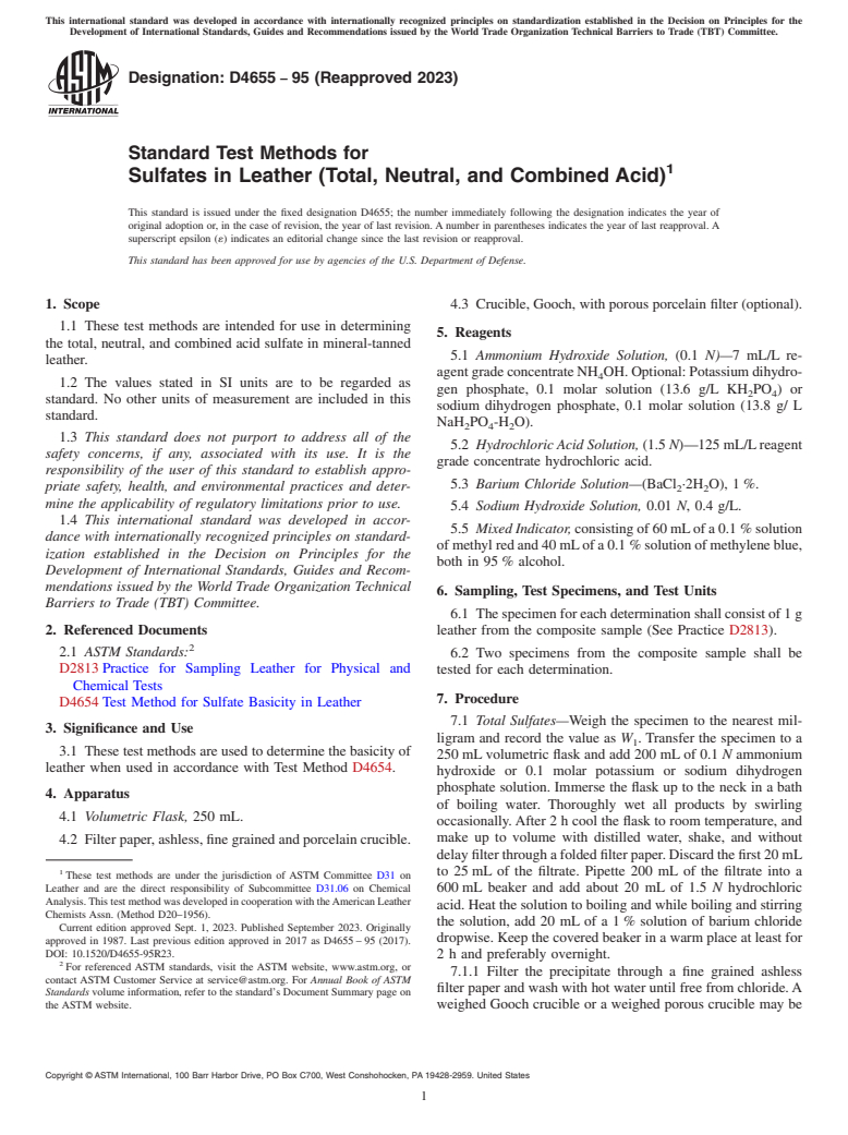 ASTM D4655-95(2023) - Standard Test Methods for  Sulfates in Leather (Total, Neutral, and Combined Acid)