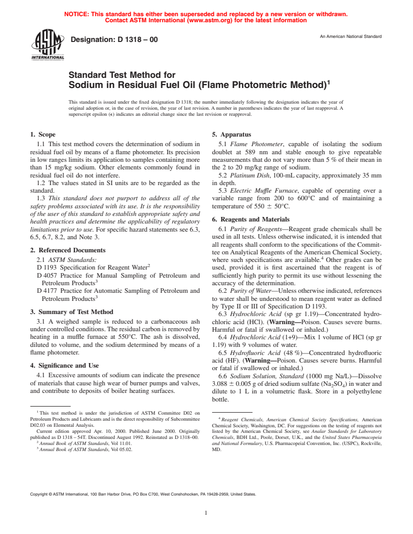 ASTM D1318-00 - Standard Test Method for Sodium in Residual Fuel Oil (Flame Photometric Method)