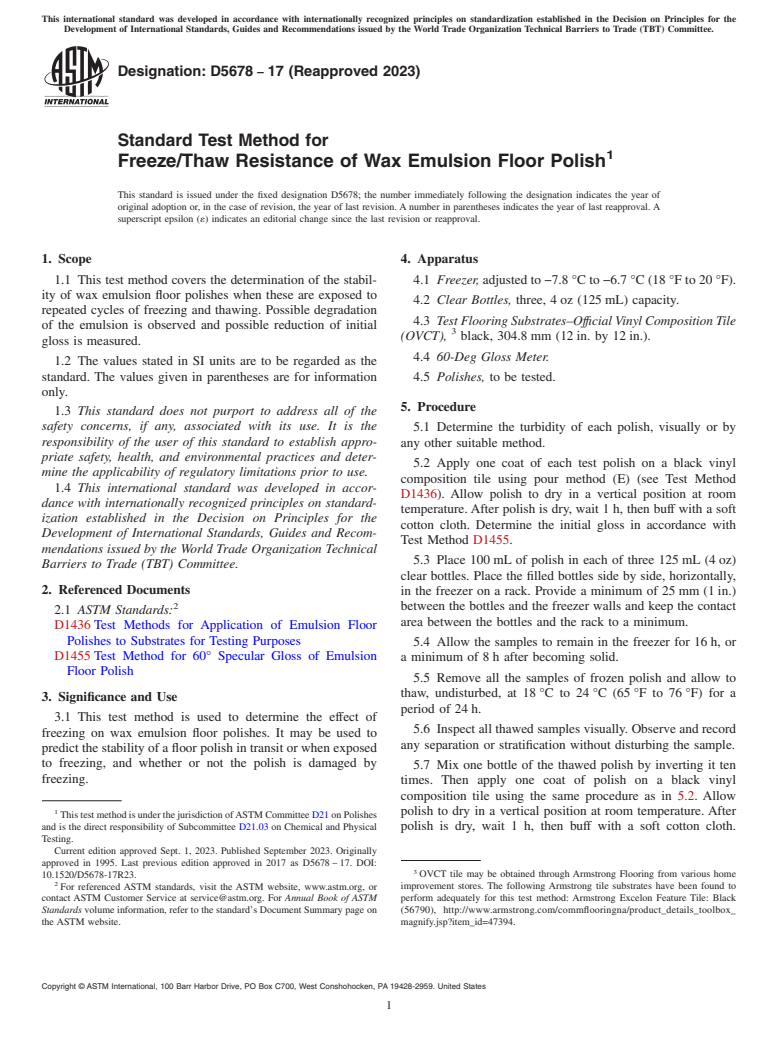 ASTM D5678-17(2023) - Standard Test Method for  Freeze/Thaw Resistance of Wax Emulsion Floor Polish