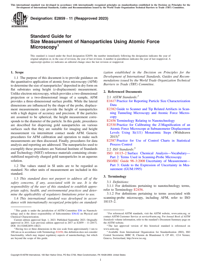 ASTM E2859-11(2023) - Standard Guide for  Size Measurement of Nanoparticles Using Atomic Force Microscopy