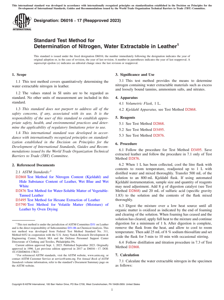 ASTM D6016-17(2023) - Standard Test Method for  Determination of Nitrogen, Water Extractable in Leather