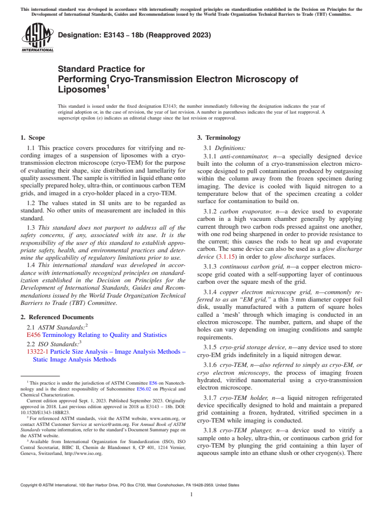 ASTM E3143-18b(2023) - Standard Practice for Performing Cryo-Transmission Electron Microscopy of Liposomes