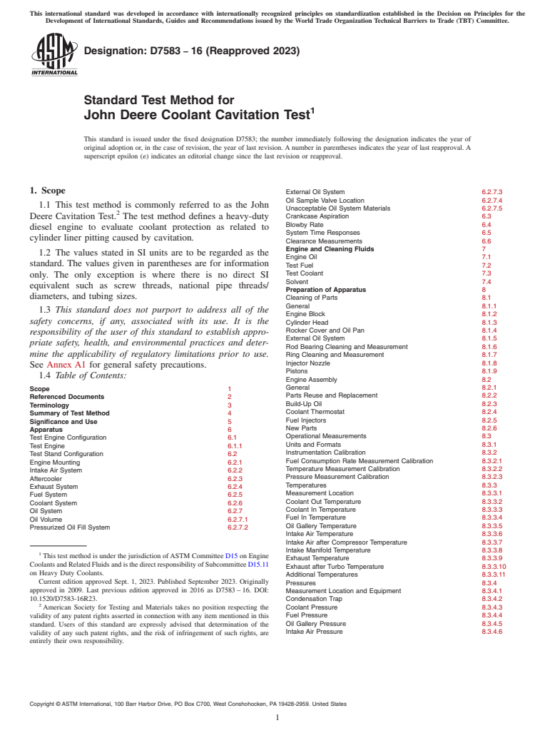 ASTM D7583-16(2023) - Standard Test Method for John Deere Coolant Cavitation Test