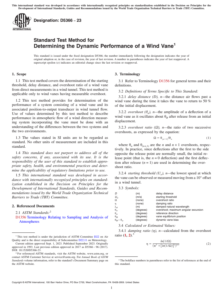 ASTM D5366-23 - Standard Test Method for  Determining the Dynamic Performance of a Wind Vane