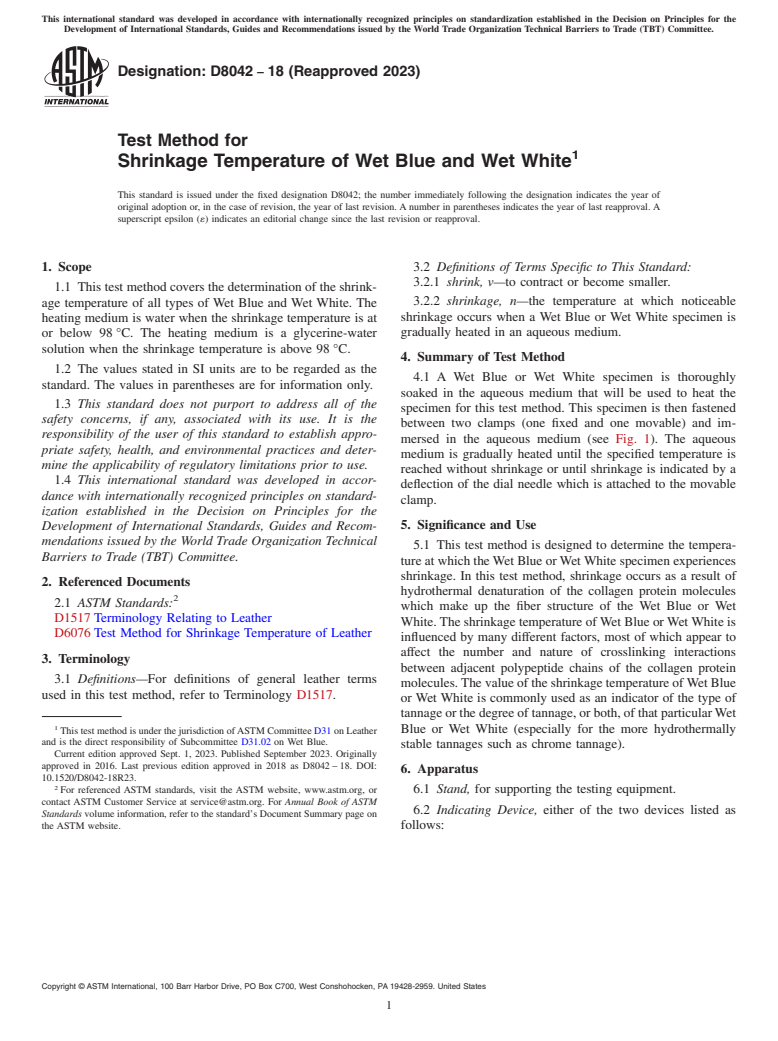 ASTM D8042-18(2023) - Test Method for Shrinkage Temperature of Wet Blue and Wet White