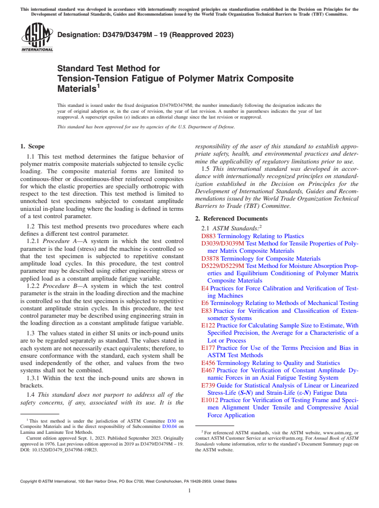 ASTM D3479/D3479M-19(2023) - Standard Test Method for  Tension-Tension Fatigue of Polymer Matrix Composite Materials