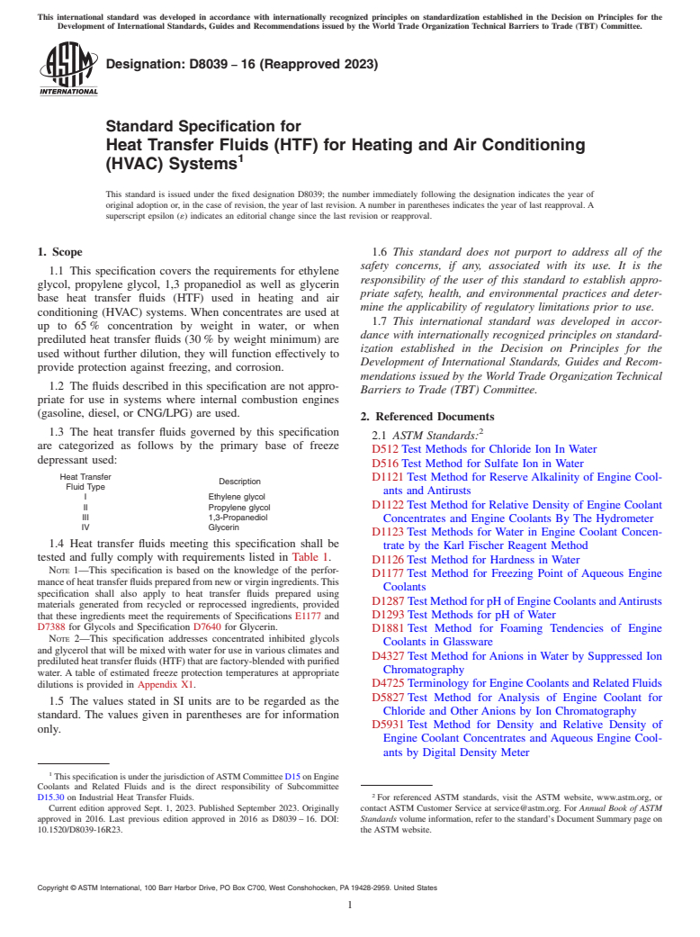 ASTM D8039-16(2023) - Standard Specification for Heat Transfer Fluids (HTF) for Heating and Air Conditioning  (HVAC) Systems