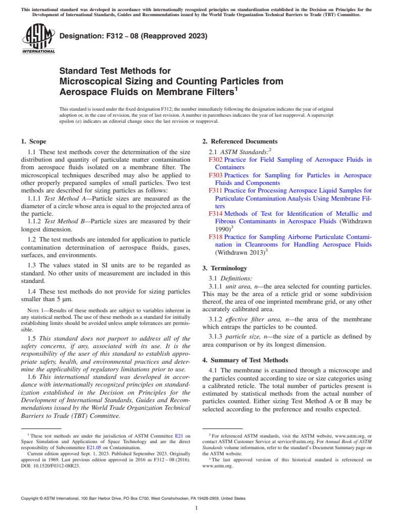 ASTM F312-08(2023) - Standard Test Methods for  Microscopical Sizing and Counting Particles from Aerospace  Fluids on Membrane Filters