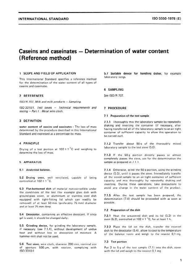 ISO 5550:1978 - Caseins and caseinates -- Determination of water content (Reference method)
