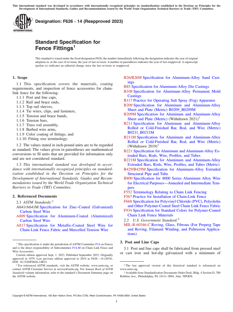 ASTM F626-14(2023) - Standard Specification for  Fence Fittings