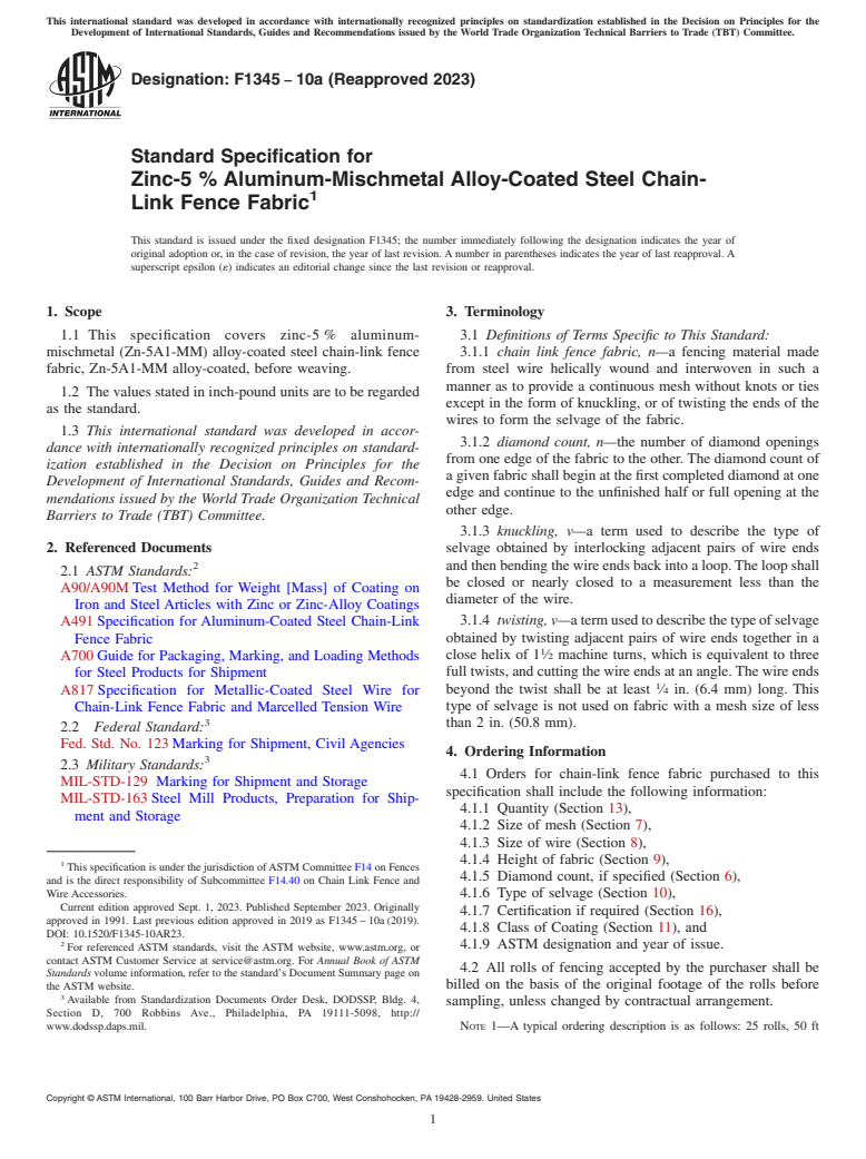 ASTM F1345-10a(2023) - Standard Specification for  Zinc-5 % Aluminum-Mischmetal Alloy-Coated Steel Chain-Link   Fence Fabric