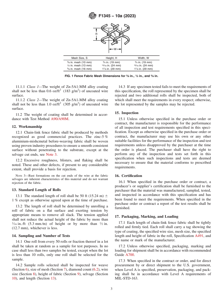 ASTM F1345-10a(2023) - Standard Specification for  Zinc-5 % Aluminum-Mischmetal Alloy-Coated Steel Chain-Link   Fence Fabric