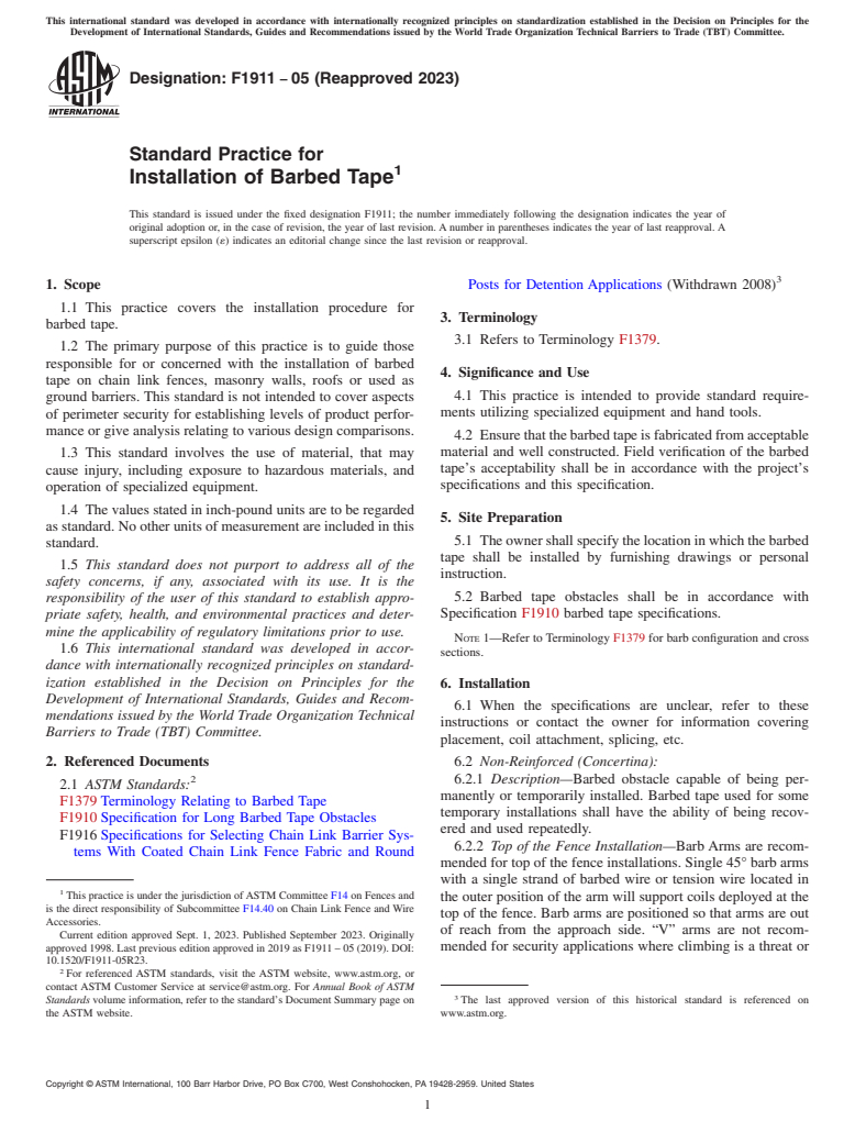 ASTM F1911-05(2023) - Standard Practice for  Installation of Barbed Tape