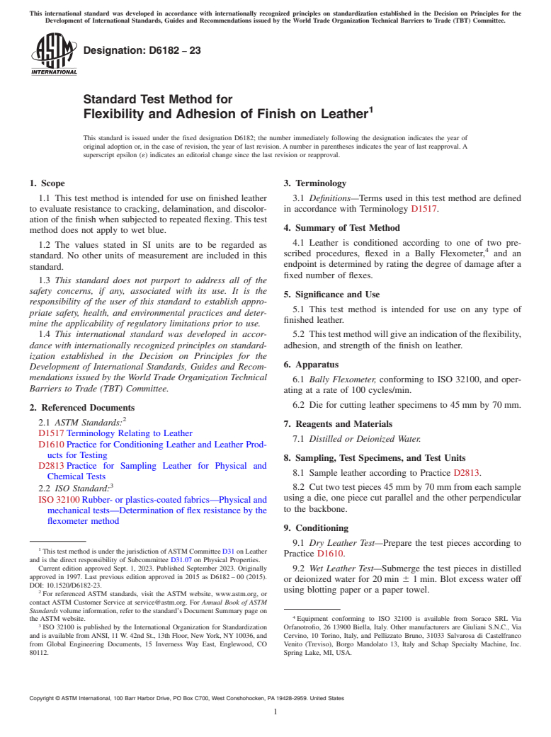 ASTM D6182-23 - Standard Test Method for  Flexibility and Adhesion of Finish on Leather