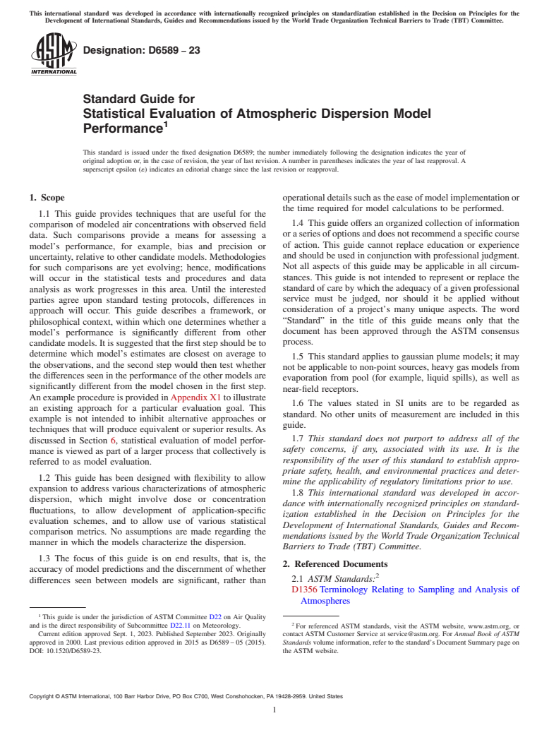ASTM D6589-23 - Standard Guide for  Statistical Evaluation of Atmospheric Dispersion Model Performance