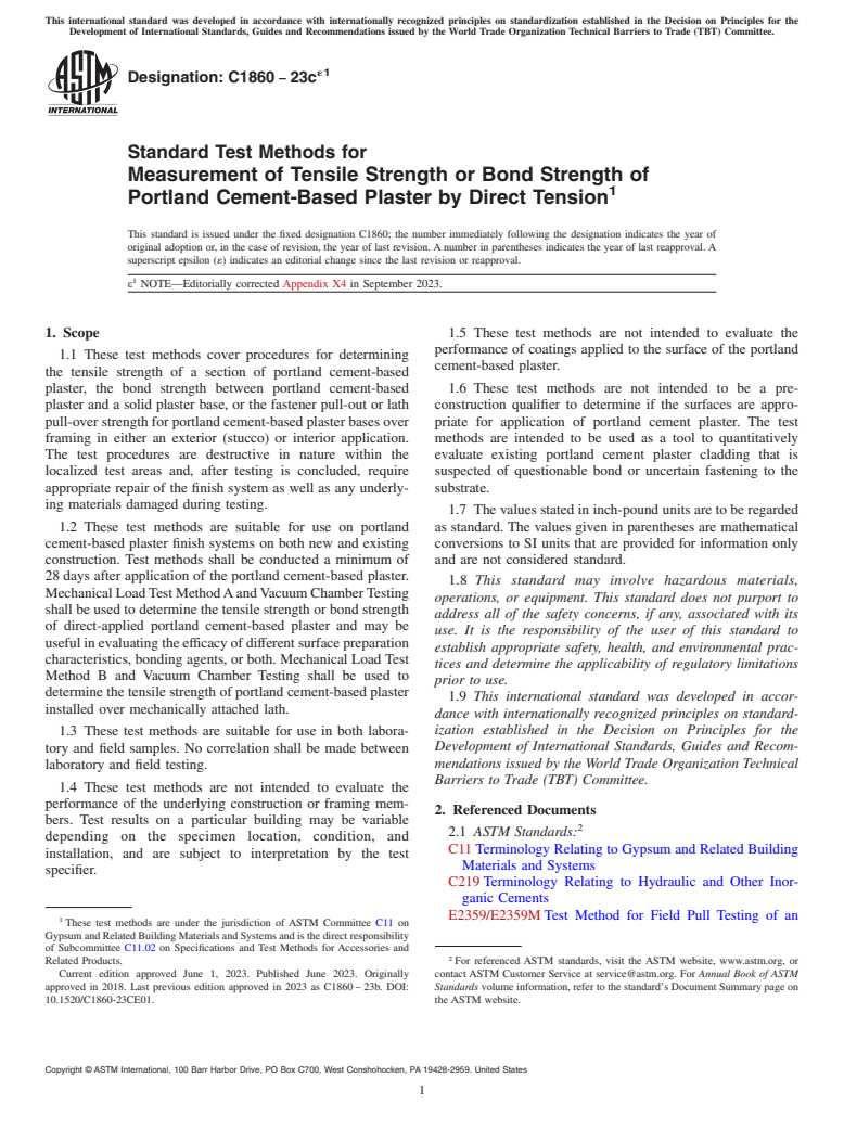ASTM C1860-23ce1 - Standard Test Methods for Measurement of Tensile Strength or Bond Strength of Portland  Cement-Based Plaster by Direct Tension