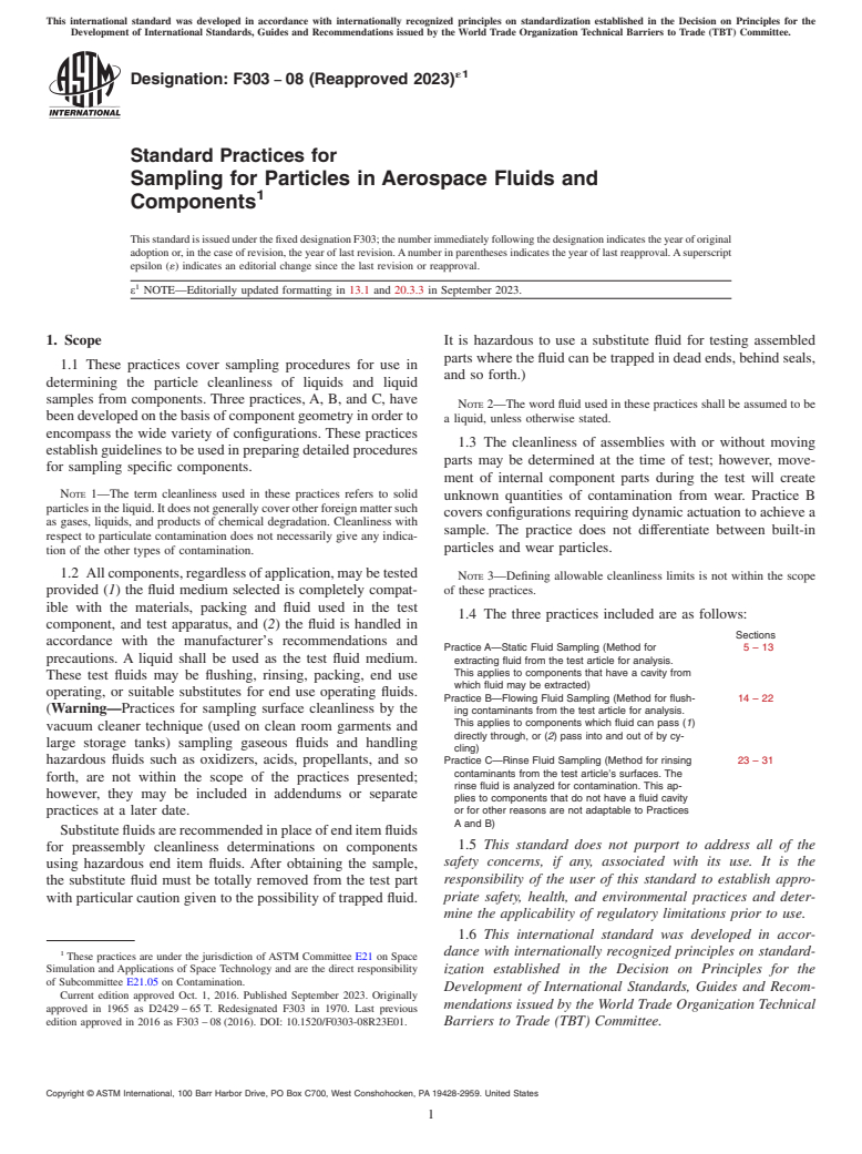 ASTM F303-08(2023)e1 - Standard Practices for  Sampling for Particles in Aerospace Fluids and Components