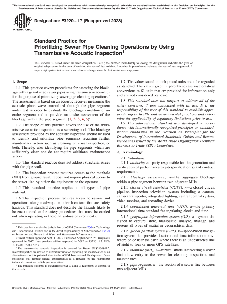 ASTM F3220-17(2023) - Standard Practice for Prioritizing Sewer Pipe Cleaning Operations by Using Transmissive  Acoustic Inspection