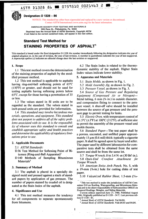 ASTM D1328-86 - Test Method for Staining Properties of Asphalt (Withdrawn 1992)