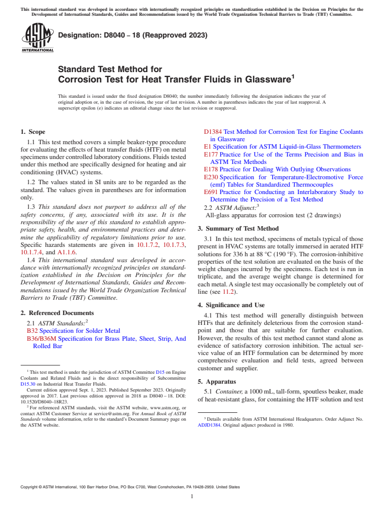 ASTM D8040-18(2023) - Standard Test Method for Corrosion Test for Heat Transfer Fluids in Glassware