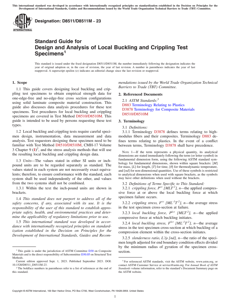 ASTM D8511/D8511M-23 - Standard Guide for Design and Analysis of Local Buckling and Crippling Test Specimens