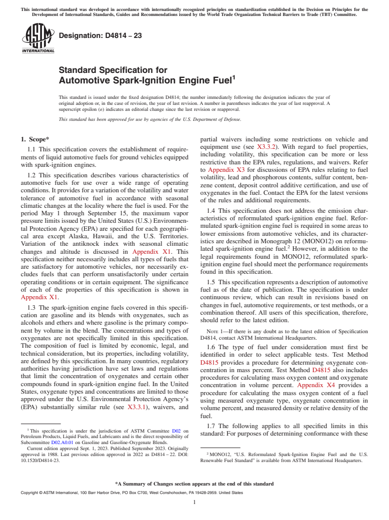 ASTM D4814-23 - Standard Specification for Automotive Spark-Ignition Engine Fuel