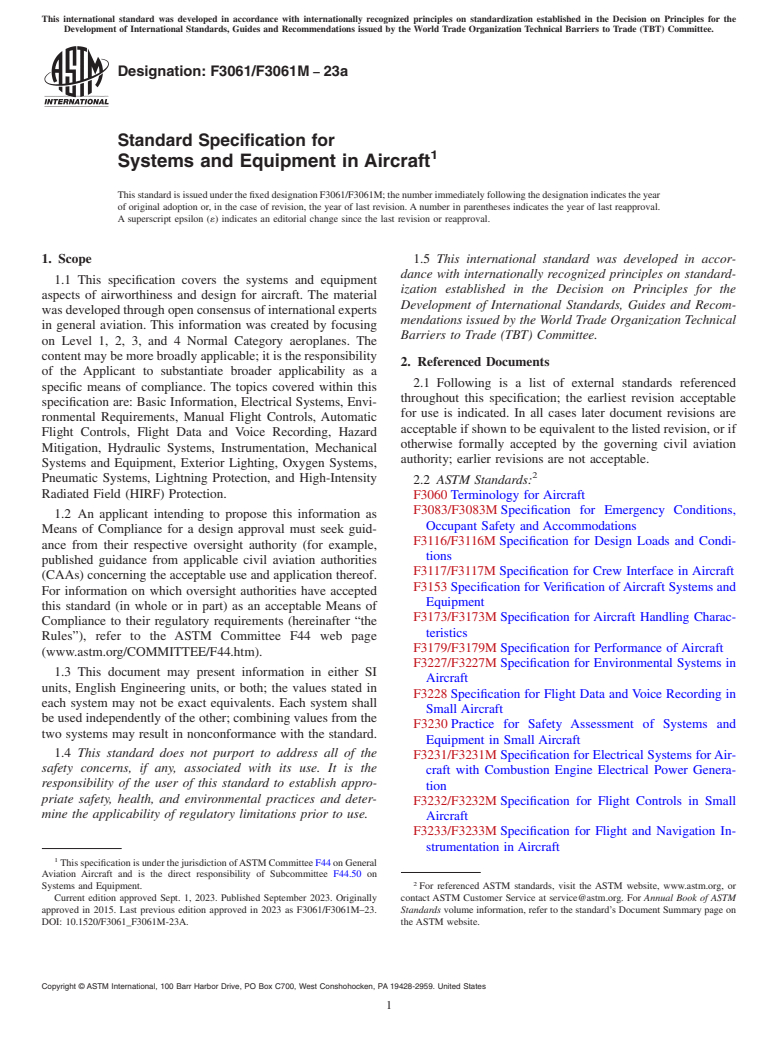 ASTM F3061/F3061M-23a - Standard Specification for Systems and Equipment in Aircraft