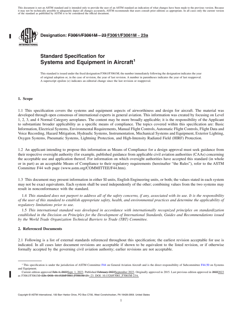 REDLINE ASTM F3061/F3061M-23a - Standard Specification for Systems and Equipment in Aircraft