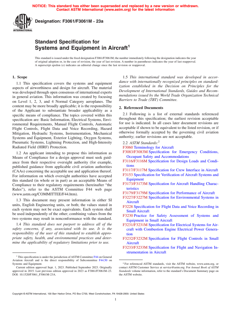 ASTM F3061/F3061M-23a - Standard Specification for Systems and Equipment in Aircraft