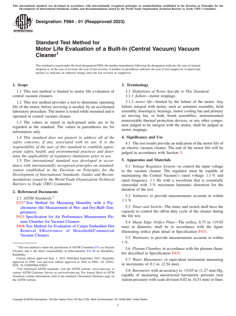 ASTM F884-01(2023) - Standard Test Method for  Motor Life Evaluation of a Built-In (Central Vacuum) Vacuum  Cleaner