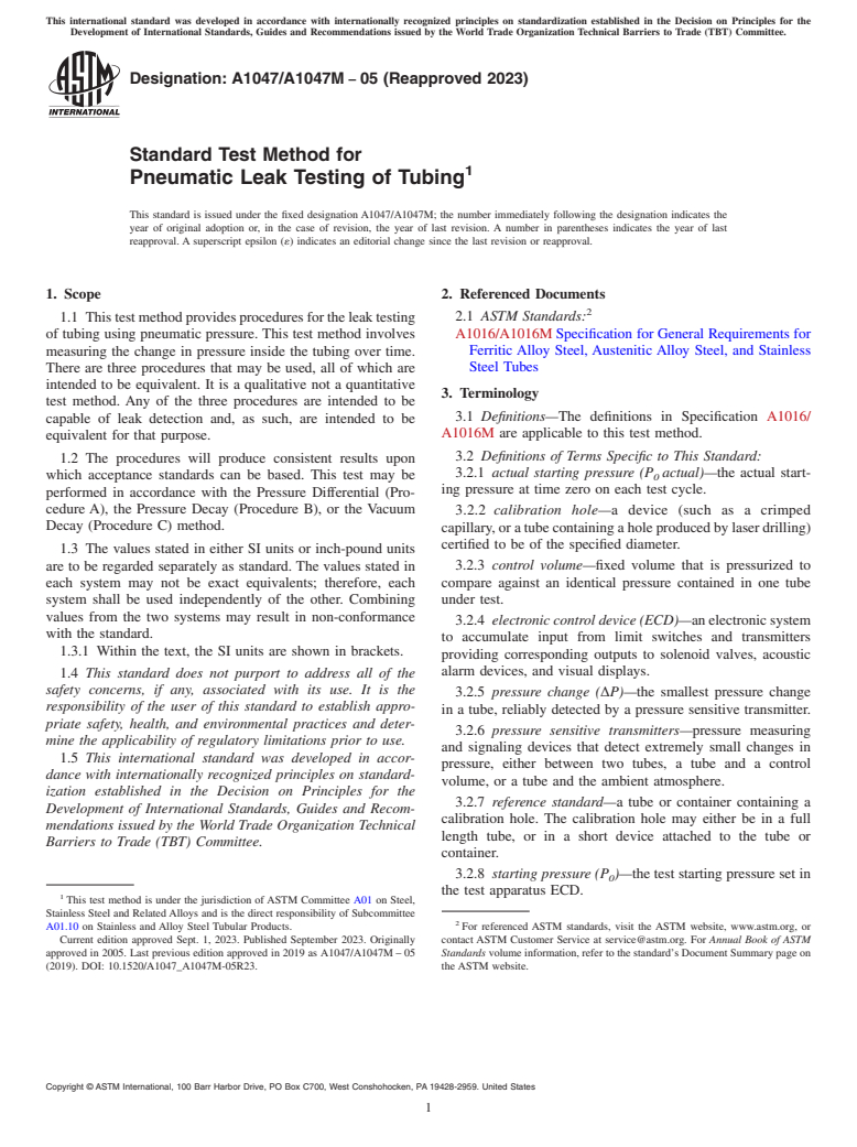 ASTM A1047/A1047M-05(2023) - Standard Test Method for  Pneumatic Leak Testing of Tubing