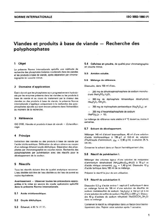 ISO 5553:1980 - Viandes et produits a base de viande -- Recherche des polyphosphates