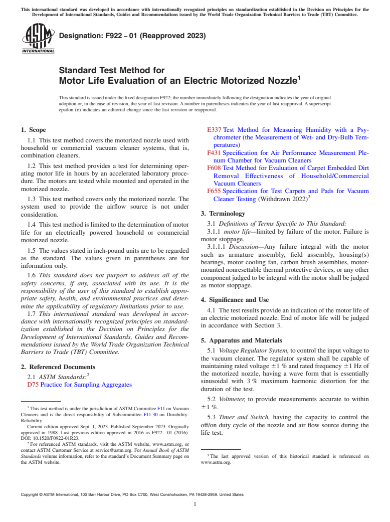 ASTM F922-01(2023) - Standard Test Method for  Motor Life Evaluation of an Electric Motorized Nozzle