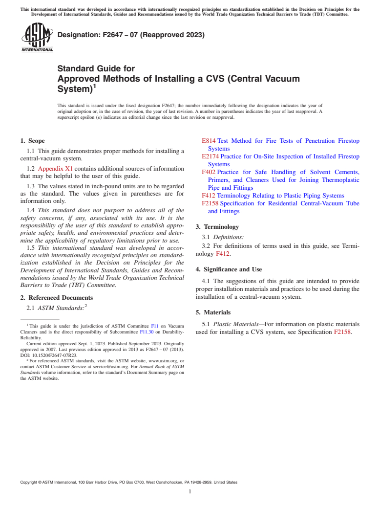 ASTM F2647-07(2023) - Standard Guide for  Approved Methods of Installing a CVS (Central Vacuum System)