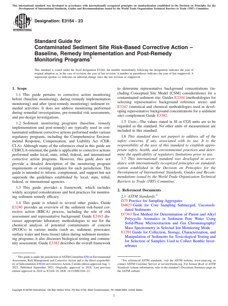 ASTM E3164-23 - Standard Guide for Contaminated Sediment Site Risk-Based Corrective Action –  Baseline, Remedy Implementation and Post-Remedy Monitoring Programs