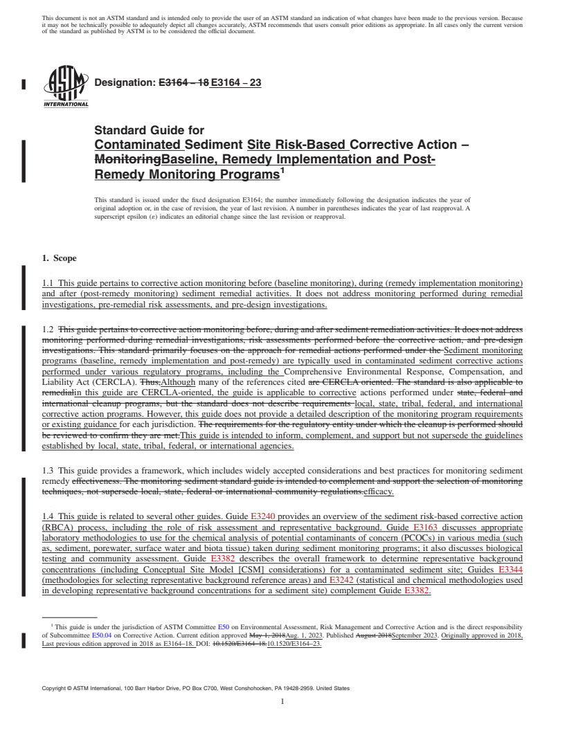 REDLINE ASTM E3164-23 - Standard Guide for Contaminated Sediment Site Risk-Based Corrective Action –  Baseline, Remedy Implementation and Post-Remedy Monitoring Programs