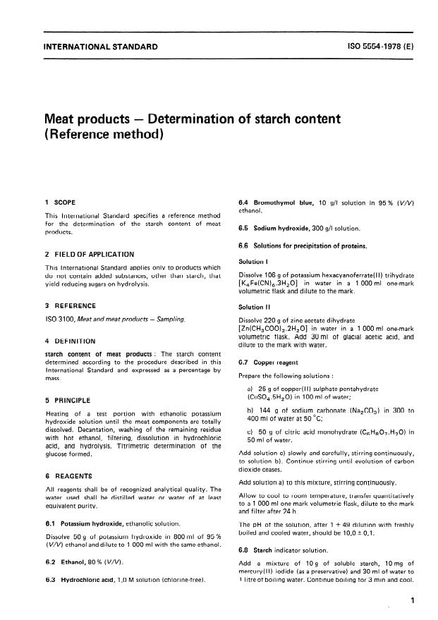 ISO 5554:1978 - Meat products -- Determination of starch content (Reference method)