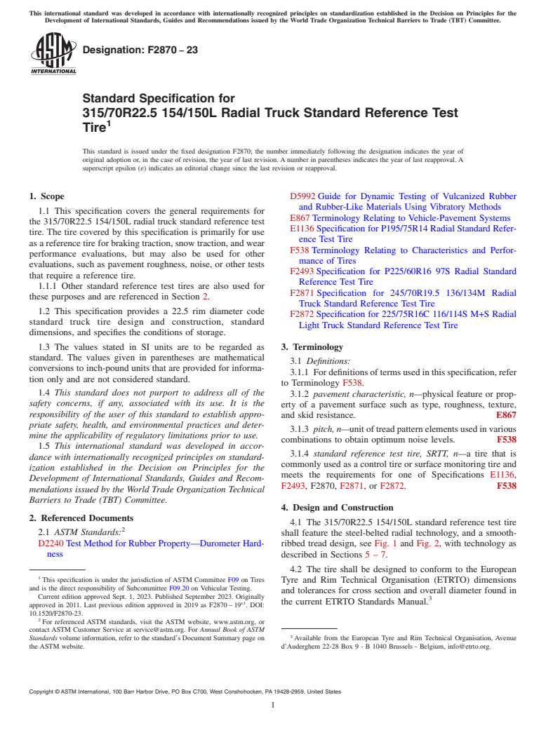 ASTM F2870-23 - Standard Specification for  315/70R22.5 154/150L Radial Truck Standard Reference Test Tire