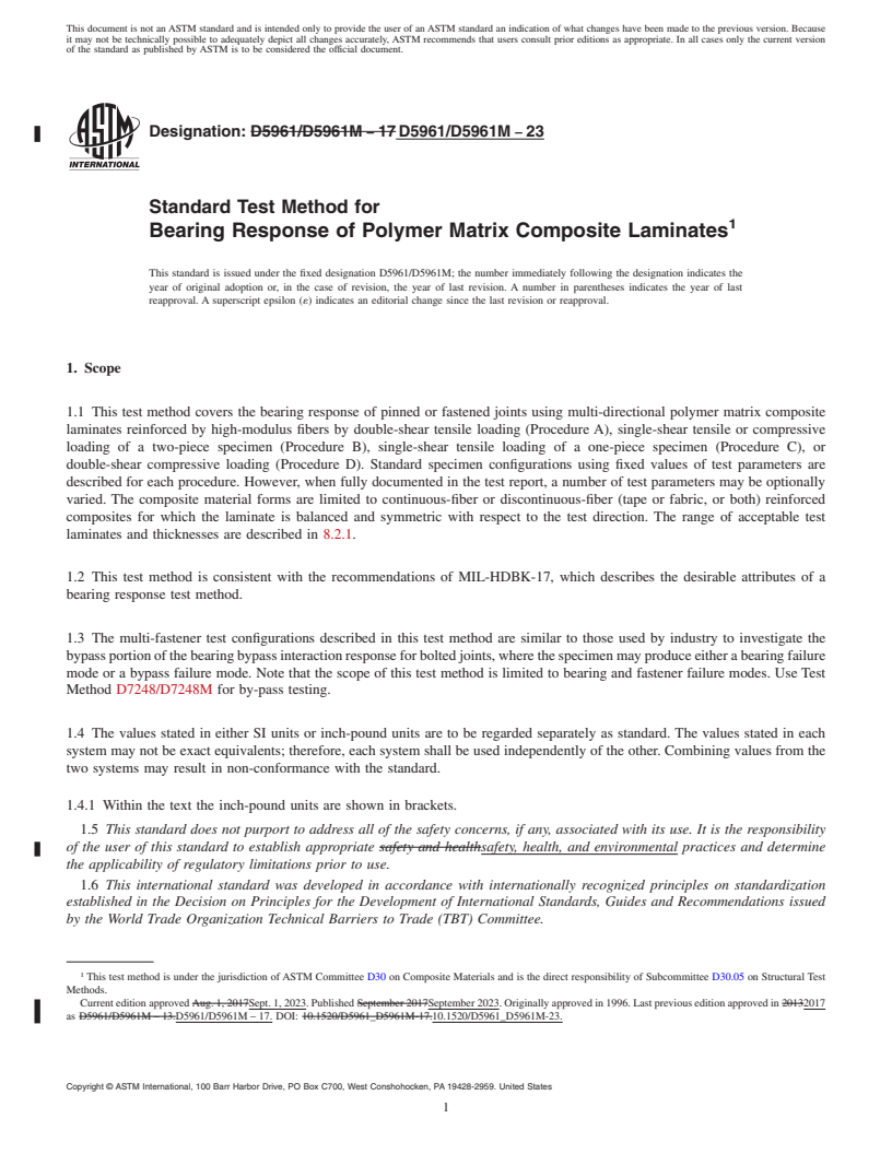 REDLINE ASTM D5961/D5961M-23 - Standard Test Method for  Bearing Response of Polymer Matrix Composite Laminates
