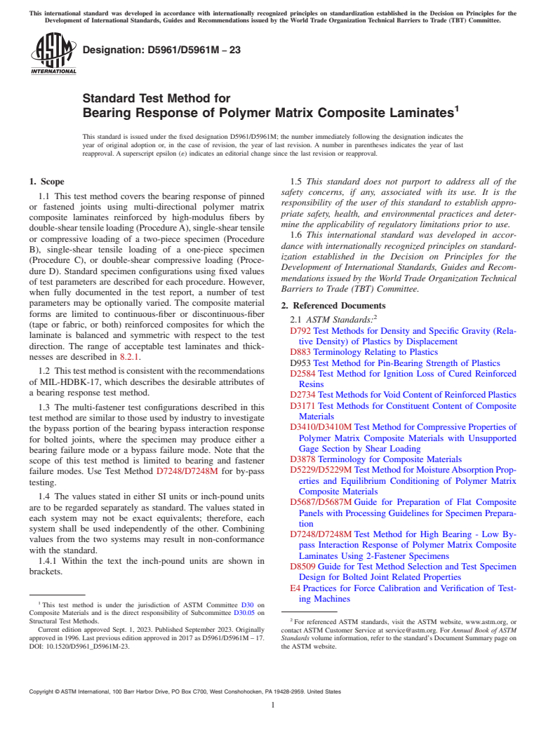 ASTM D5961/D5961M-23 - Standard Test Method for  Bearing Response of Polymer Matrix Composite Laminates