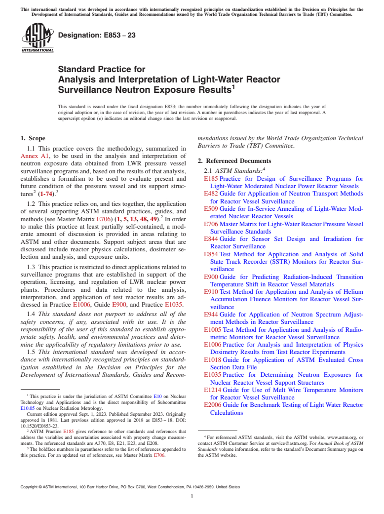ASTM E853-23 - Standard Practice for  Analysis and Interpretation of Light-Water Reactor Surveillance  Neutron Exposure Results