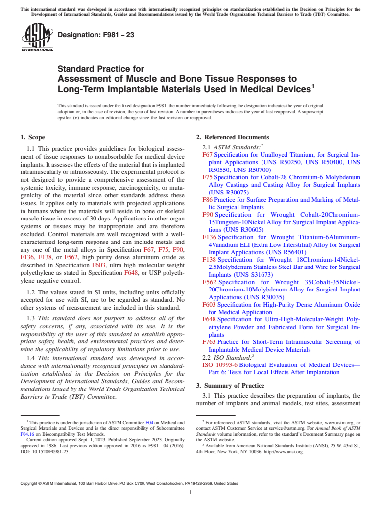 ASTM F981-23 - Standard Practice for  Assessment of Muscle and Bone Tissue Responses to Long-Term  Implantable Materials Used in Medical Devices