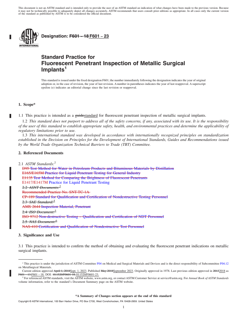 REDLINE ASTM F601-23 - Standard Practice for  Fluorescent Penetrant Inspection of Metallic Surgical Implants